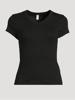 HOLT RENFREW Women’s Black V-Neck Short Sleeve Tee Minimalist T-Shirt Top